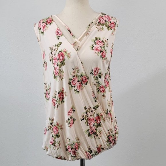 Pleione Tops - PLEIONE floral print wrap front blouse pink Sz S NEW